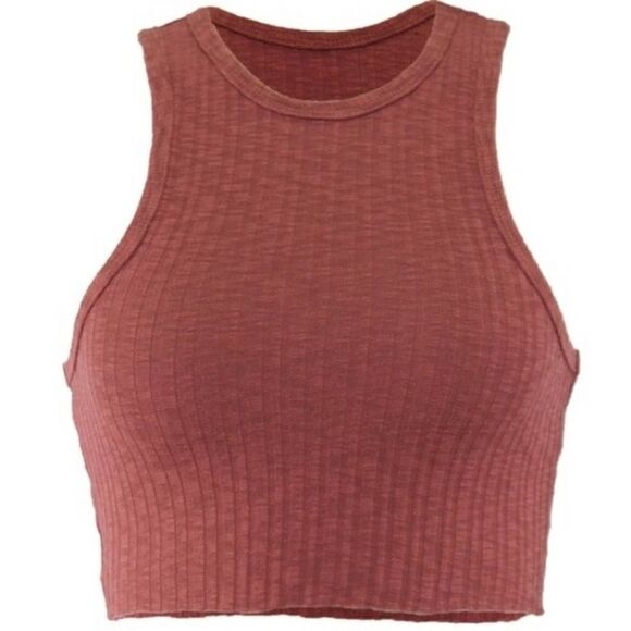 NEW Crewneck cropped tank top ribbed knit Cotton blend Rust AGRADE raw hem - Picture 8 of 10